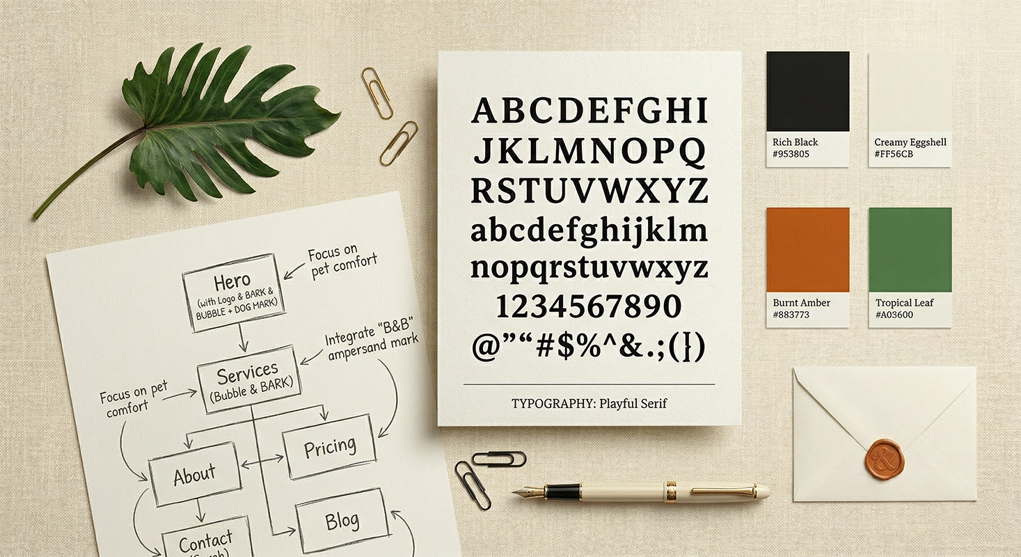 Brand identity flat lay showing typography specimen, color swatches and tropical leaf