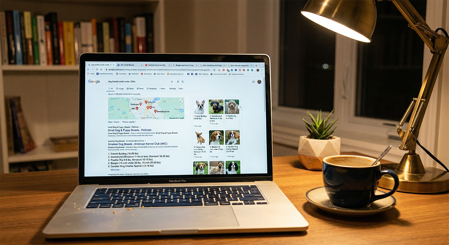 Laptop screen showing a Google search for dog breeds under 30lbs with a coffee cup and desk lamp