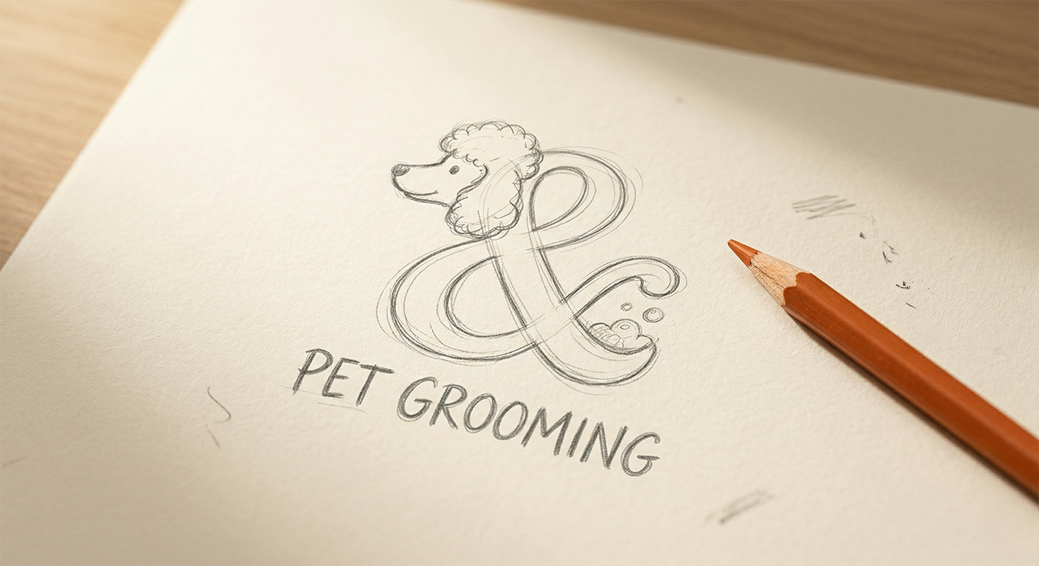 Hand-drawn pet grooming logo sketch on cream paper with an orange pencil beside it