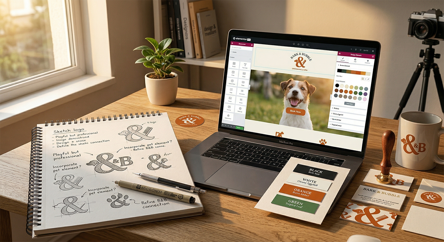 Designer workspace with Elementor open on screen, sketchbook and brand materials spread across a warm oak desk