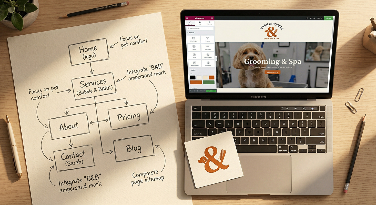 Bark and Bubble grooming brand business card with burnt orange ampersand and wax seal